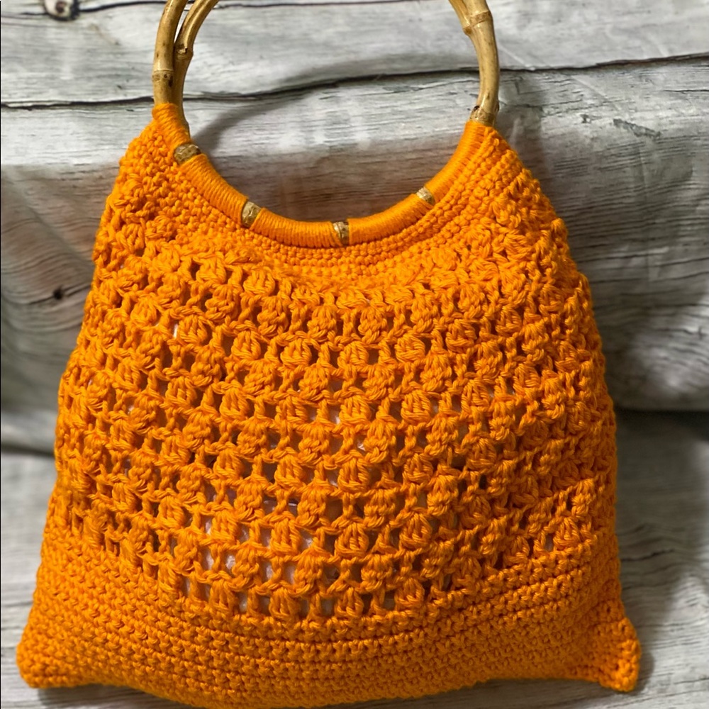 Orange crochet purse/bag with Bamboo Handles